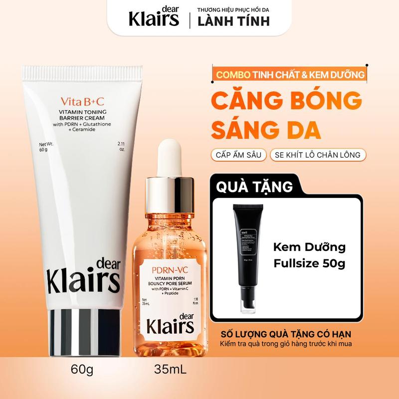 Combo Dear Klairs Kem dưỡng Vitamin Toning Barrier Cream 60g + Tinh chất Vitamin PDRN Bouncy Pore Serum 35 mL