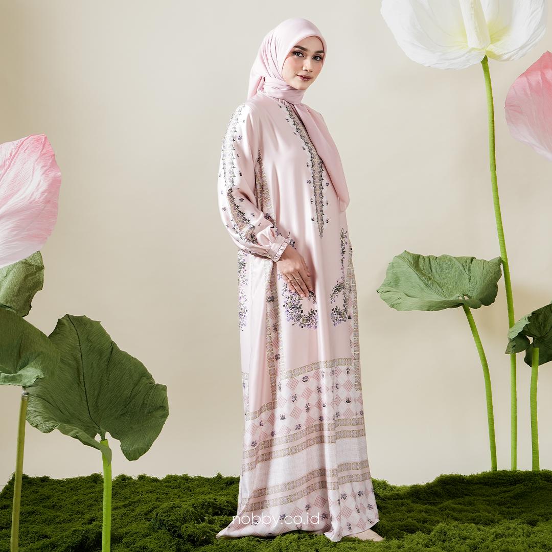 Nobby Seroja Dress Gamis Wanita Muslim Lengan Panjang Wanita Floral Pattern Bahan Light Satin Silk