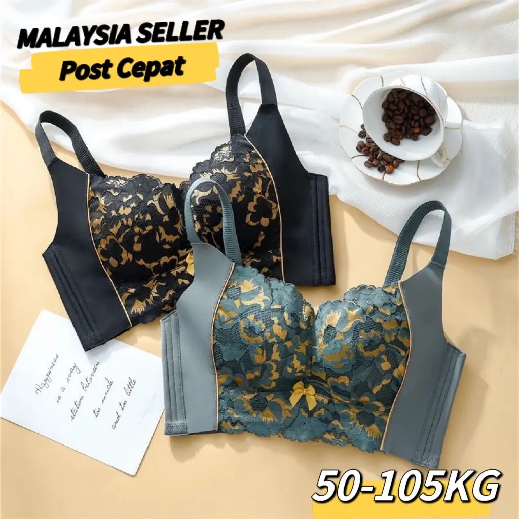 Malaysia seller ready stock women's plus size bra comfortable wireless sexy lace floral thin cup lingerie bra Wanita size Besar Sorok lemak size 36-46 B/C/D Baju Baju Malam without Besi Lady Casual