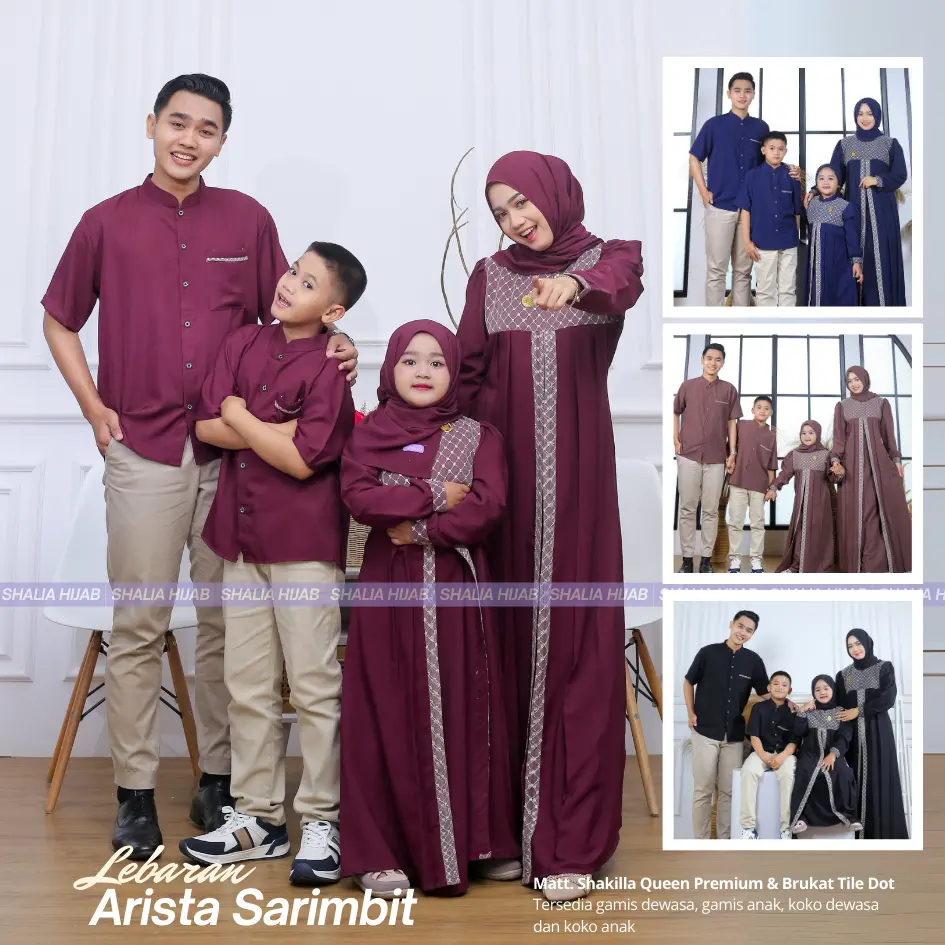 Set Family Arista Sarimbit Dress Koko dan Baju Anak SHALIA FASHION - Outfit Lebaran Syari Setelan Keluarga Premium Busui Shakilla Crepe mix Brukat Tile - Gamis Mewah FREE HIJAB Couple Muslim