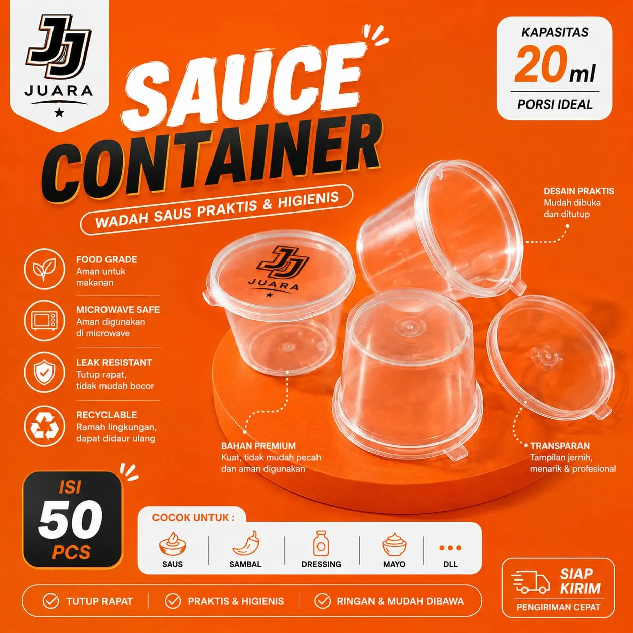 Tempat saos 20ml JJ JUARA / Cup Sauce Sambal Container JJ JUARA isi 50 Pcs