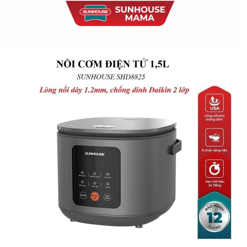 Nồi cơm điện tử Sunhouse SHD8825, dung tích 1.5L, Tích hợp 6 chức năng, Lòng nồi dày 1.2mm, chống dính Daikin 2 lớp