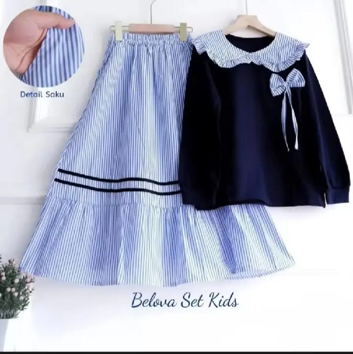 Baju setelan rok anak perempuan Belova kids crinkle airflow kombinasi katun salur usia 4 samapi 12 tahun