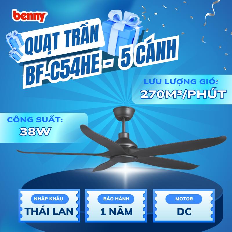 [HỖ TRỢ LẮP ĐẶT] Quạt trần Benny BF-C54HE, Quạt trần 5 cánh cao cấp nhập khẩu Thái Lan, quạt công suất 38W siêu tiết kiệm điện, thiết kế Amore Enterno Sang Trọng tinh tế, có điều khiển từ xa quattran quạt