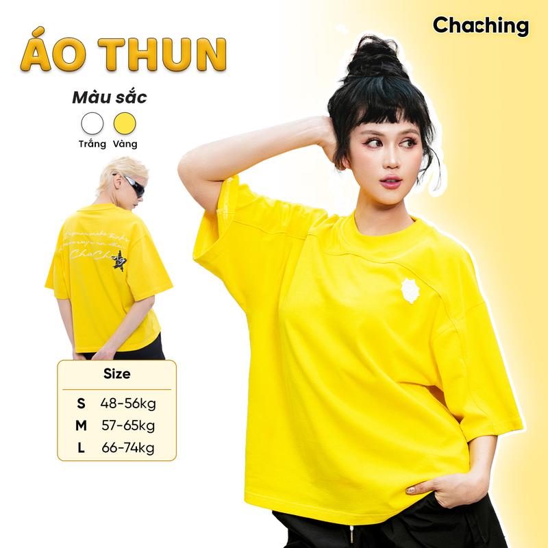 Áo thun Unisex Phối Patch Silicon Form Boxy ChaChing, Áo Phông Nam Nữ In Hoạ Tiết Ngôi Sao Kết Hợp Chữ Thêu ChaChing Chất Cotton Cao Cấp, Thoáng Mát Và Thấm Hút Mồ Hôi