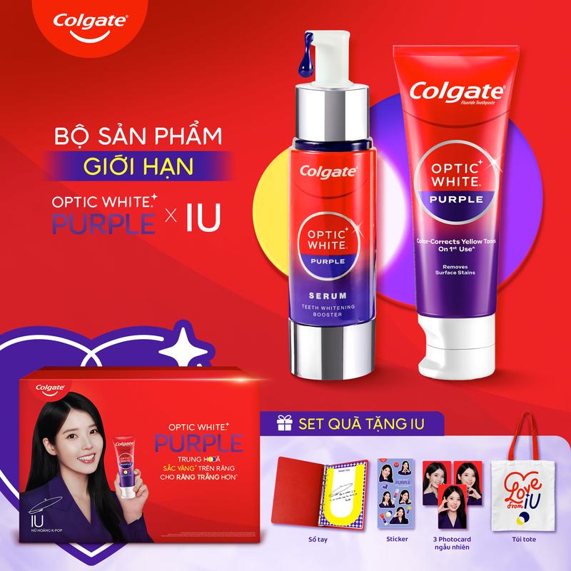 Bộ sản phẩm giới hạn Colgate trắng răng Optic White Purple x IU - Kem đánh răng và Serum tím trung hòa sắc vàng, hỗ trợ răng trắng sáng, an toàn cho men răng