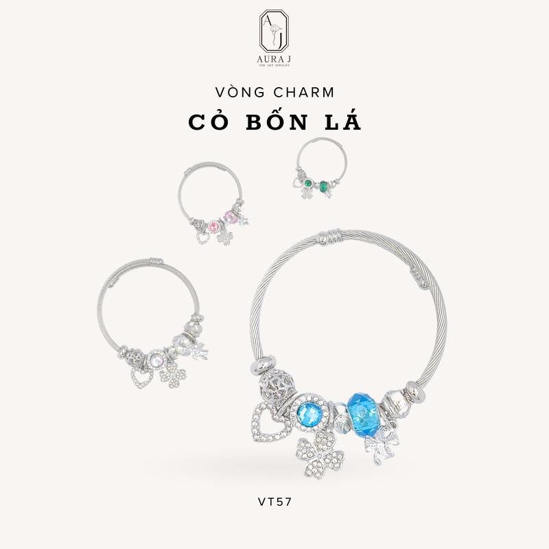 [AURAJ] New Arrival - Vòng Tay Gắn Charm Cỏ 4 Lá Tình Yêu (Mẫu Mới), Charm Trái Tim Tình Yêu và Cỏ 4 Lá May Mắn  - VT57 Phụ Kiện Titan Nam Nam Châm Voi Hoa