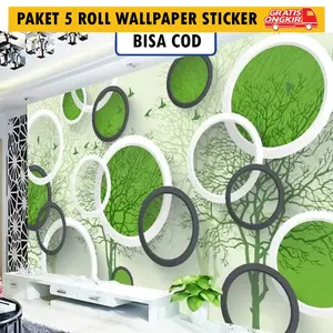 Paket 5 Roll Wallpaper Sticker Dinding Sooku Motif Polkadot Hijau 3D Uk 45cm x 4m Anti Air Bahan PVC Sudah Tersedia Lem Dekorasi Rumah Pintu