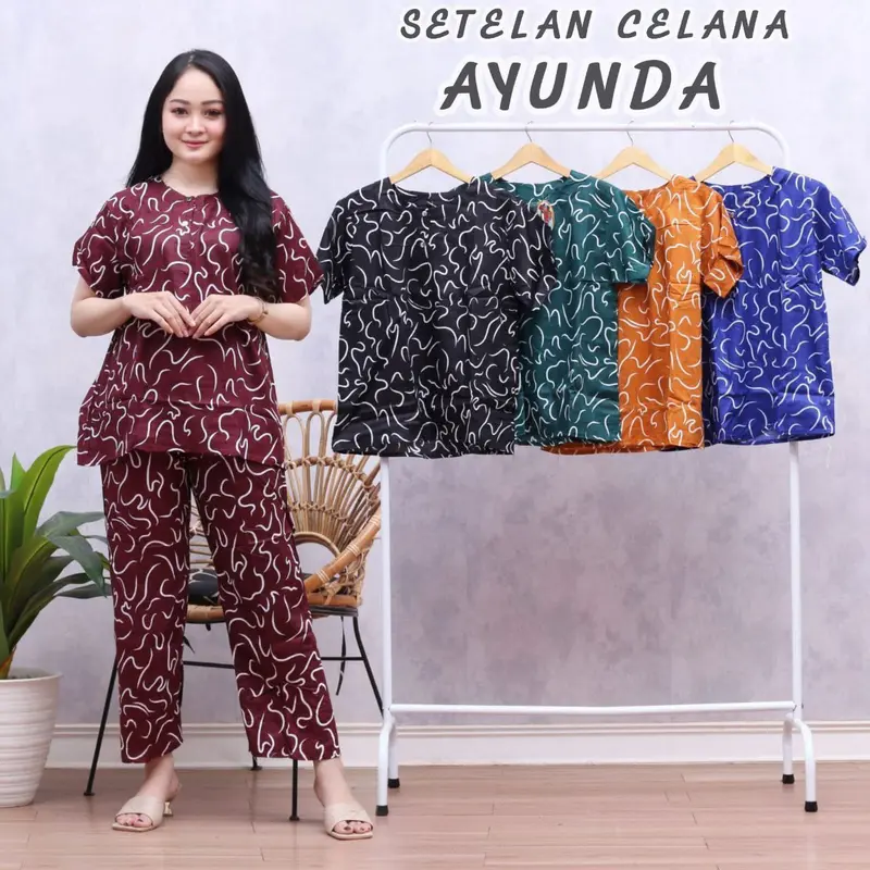 SETELAN CELANA PANJANG LD 100 KANCING DEPAN BAHAN SANTUNG RAYON ADEM BERKUALITAS. 0