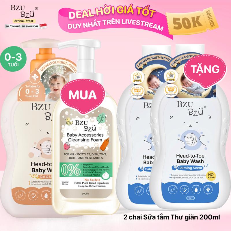 Combo Sữa tắm gội toàn thân em bé 600ml & Nước rửa bình sữa em bé 500ml BZU BZU