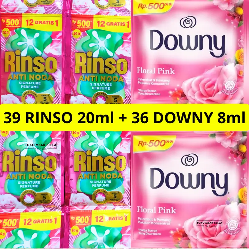 PAKET NYUCI 72-75pcs RINSO + DOWNY Deterjen liduiq pewangi konsentrat rinso 18ml-20ml dan downy 8ml 3