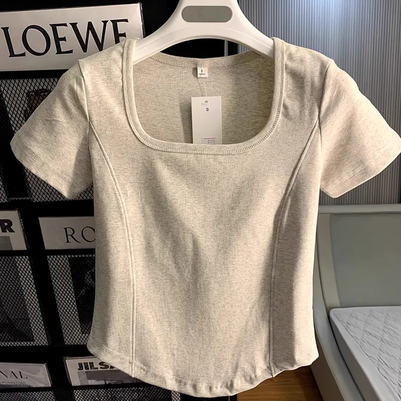 T-shirt pendek berleher U besar/Kaos Korea Dongdaemun warna polos