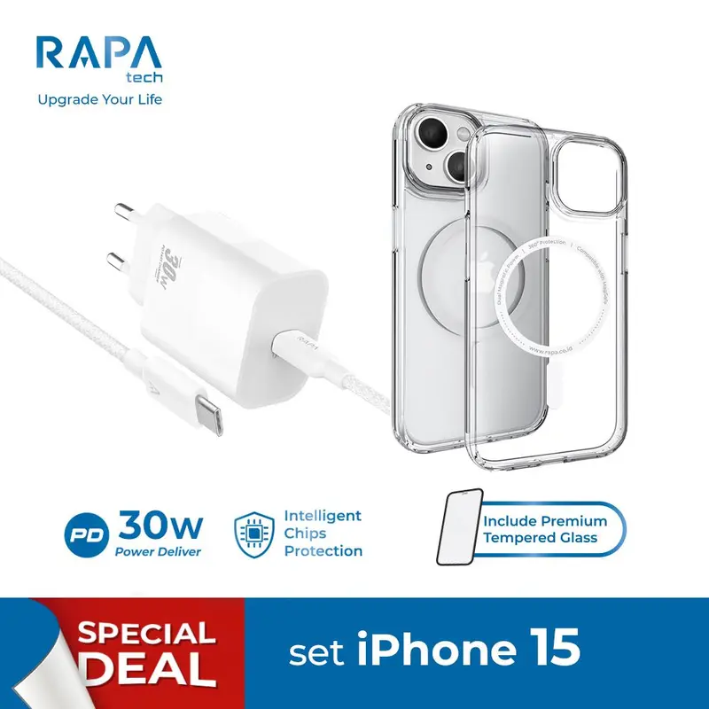 Paket Wajib Accessories Iphone K x RAPAtech Power II Charger iPhone 13 14 15 16 16pro 16 pro maxSeries Mfi Cable  + Hybrid Magsafe Case iPhone 13 14 15 With Premium Tempered Glass 1