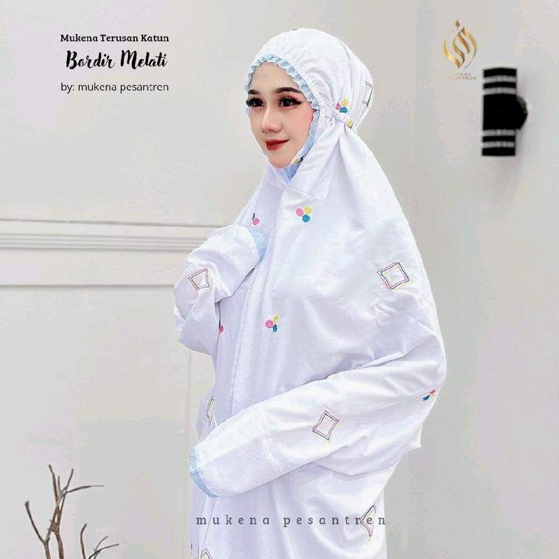 Mukena Terusan Bordir Tabur Motif Melati Katun Mikro Cantik Dewasa Kain Nyaman Panjang Tebal mukena  tangan langsungan 1