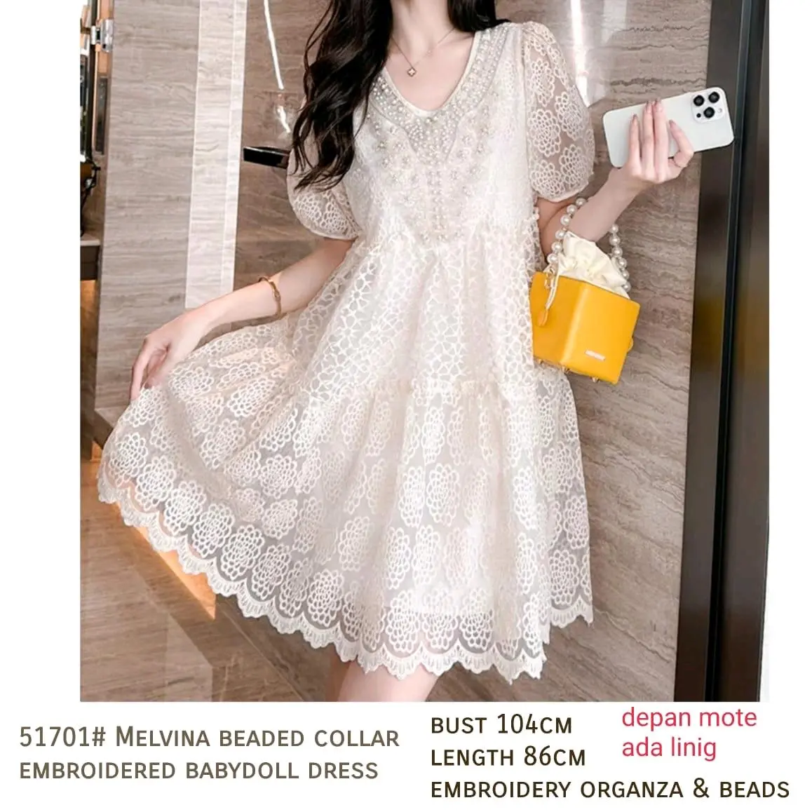 51701# Melvina Beaded Collar Embroidered Babydoll Dress