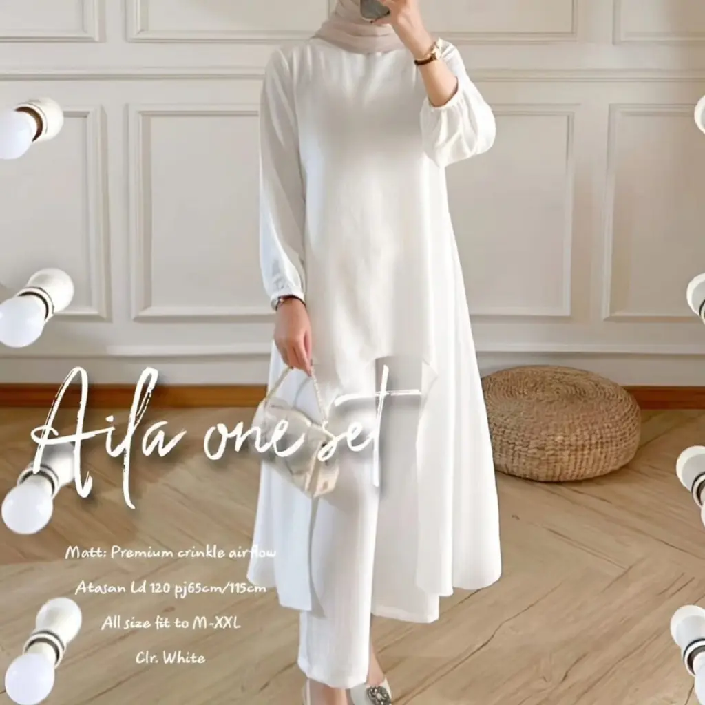 [TERMURAH] Aila Oneset Polos Crinkle Airflow Size Jumbo 3XL Warna Putih Batta Model Terbaru 2023 Setelan Tunik Panjang Dan Celana Kulot Longgar Polos Kringkel Premium Baju Atasan Blouse Lengan Panjang Dan Bawahan Satu Set Baju Blus Wanita Muslimah Si