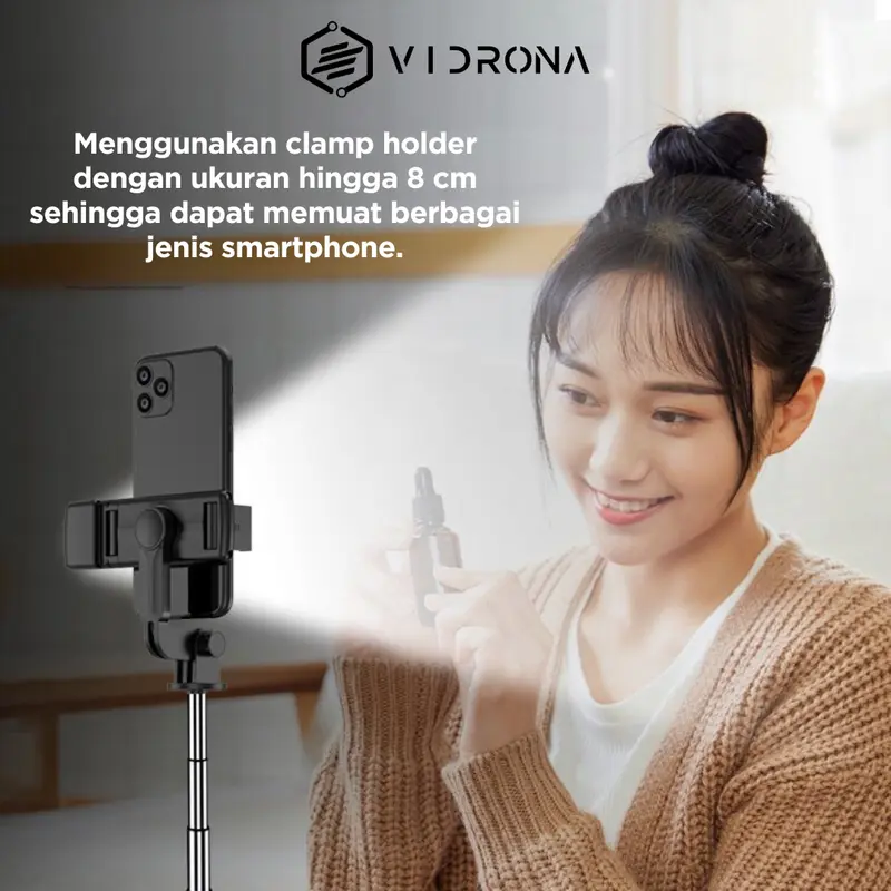 VIDRONA Tongsis Tripod Bluetooth Lampu LED Remote Control Alat Selfie Foto dan Video Stick Portable Flexible 360º Aluminium Holder Panjang Ponsel Wireless Plastik 5