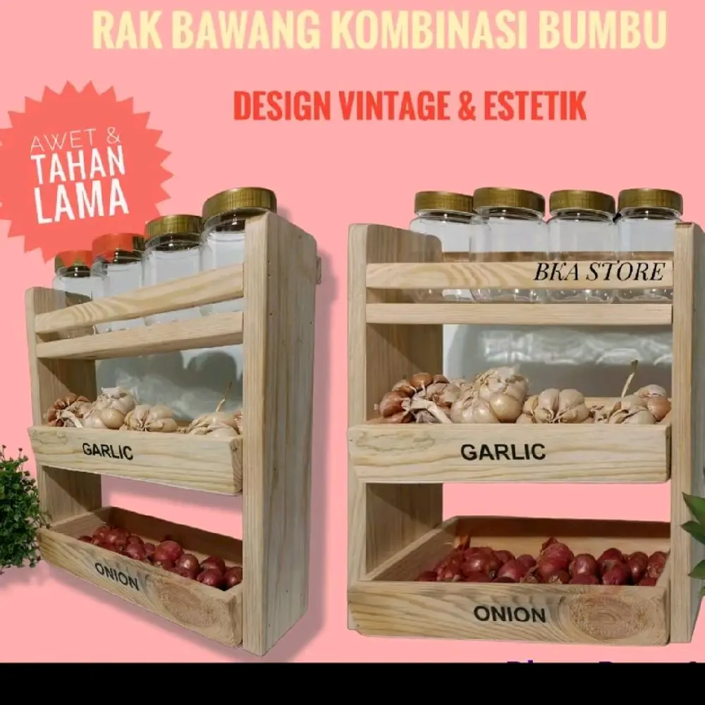 (LOKAL) BAHAN KAYU JATI RAK BUMBU DAPUR KOMBINASI  / TEMPAT BAWANG / SUSUN / TINGKAT / KEKINIAN BONUS TOPLES Aesthetic