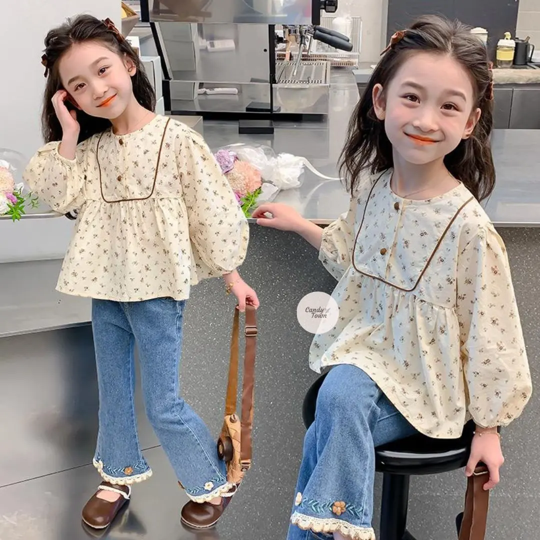 Candytown Baju Setelan Anak Perempuan Celana denim 1-6 tahun cream latte