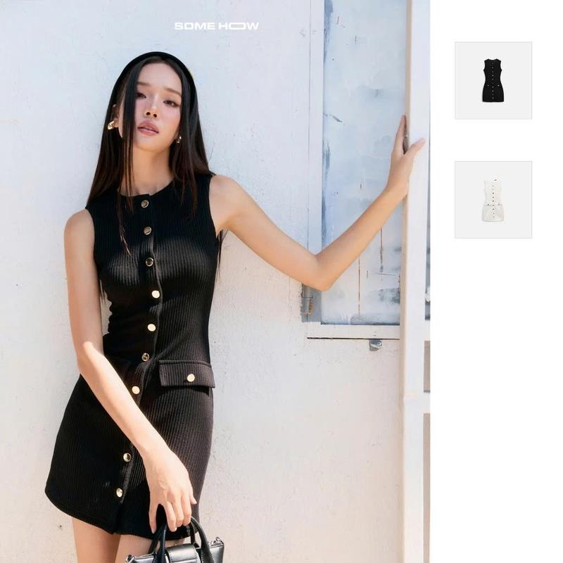 Giá Live Độc Quyền Đầm Ngắn Nữ Sleeveless Knit Mini Button Chất Vải Thun Gân Thoải Mái,WDN123 SOMEHOW