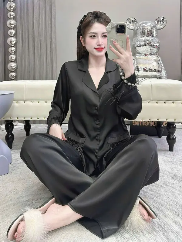 TAY LÔNG VŨ, (40-60Kg và 60-75Kg), Đồ Bộ Nữ, Tay Dài Quần Dài, In Họa Tiết Trơn Viền Tua Rua, Chấy Vải Lụa Mịn, Mềm, Mát 7