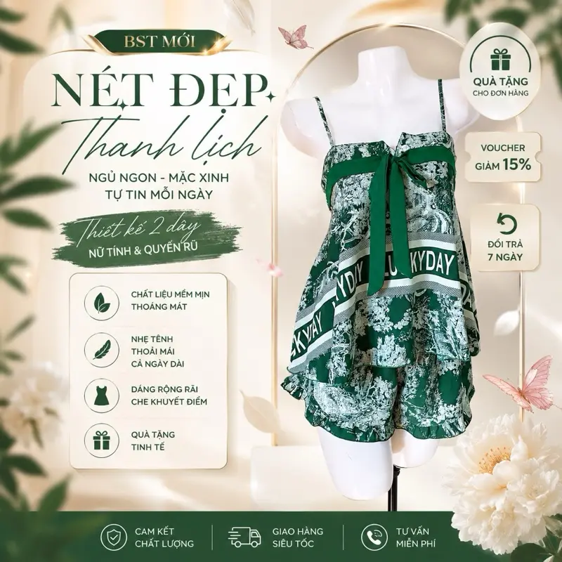 UnShop Đồ Ngủ Lụa 2 Dây Dành Cho Nữ Form Xoè To Chuẩn Dáng Dây Áo Có Tăng Đưa Dễ Điều Chỉnh Dáng Women Nhung Kem Voi tole 40kg-75kg Dobomacnha Dongumuadongnu