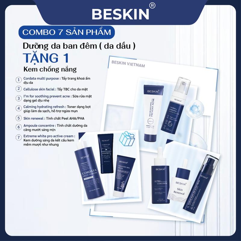  BE-01   => COMBO 7 sản phẩm dưỡng da ban đêm <=   Mua Combo Tặng 1 Kem Chống Nắng Xanh  - Thương Hiệu Beskin Serum Đường 