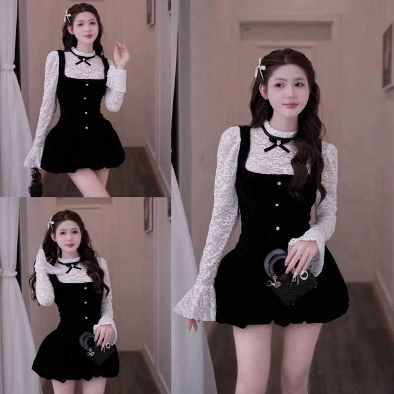   Bèo Béo Bigsize   Set Thời Trang Nữ Áo Ren Hoa Tay Dài Loe Đính Nơ Phối Yếm Nhung Dáng Bí Form Bigsize 60-90Kg  Set Đồ Nữ Sang Chảnh 