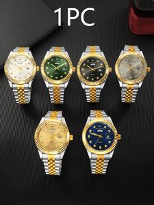 RICECGO Reloj de cuarzo de lujo para hombre, con correa de acero inoxidable, decoración de diamantes de imitación, pantalla de doble fecha, adecuado para cualquier ocasión, incluye caja