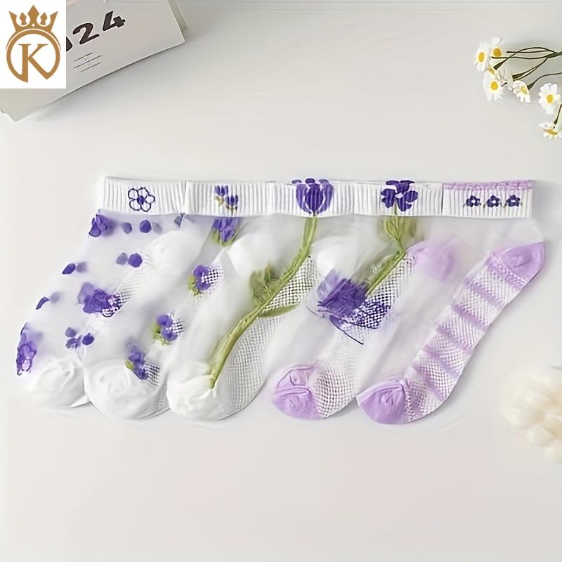 [FLASH SALE][Tất siêu mỏng][Vận chuyển từ Việt Nam] [COD] 2025 Tất Nữ Cỡ Lớn Thiết Kế Hoa Tulip Màu Tím, Tất Ngắn Dễ Thương, Phong Cách Mỏng, Đế Bông, Tất Trong Suốt Trên Bàn Chân, Có 5 Kiểu / Kích Thước 37-41