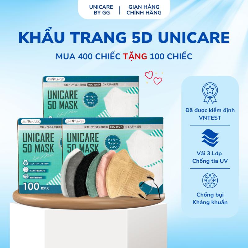   MUA 400C+TẶNG 100C  Khẩu Trang 5D Unicare | Thiết Kế 3 Lớp Chống Bụi Mịn | Vải Không Dệt Chất Lượng Cao | Mềm Mịn Thoáng Khí Dễ Thở | Chống Nước Tốt Dây Đeo Chắc Chắn Mềm Mịn | Phụ Kiện Thời Trang Nam Nữ 