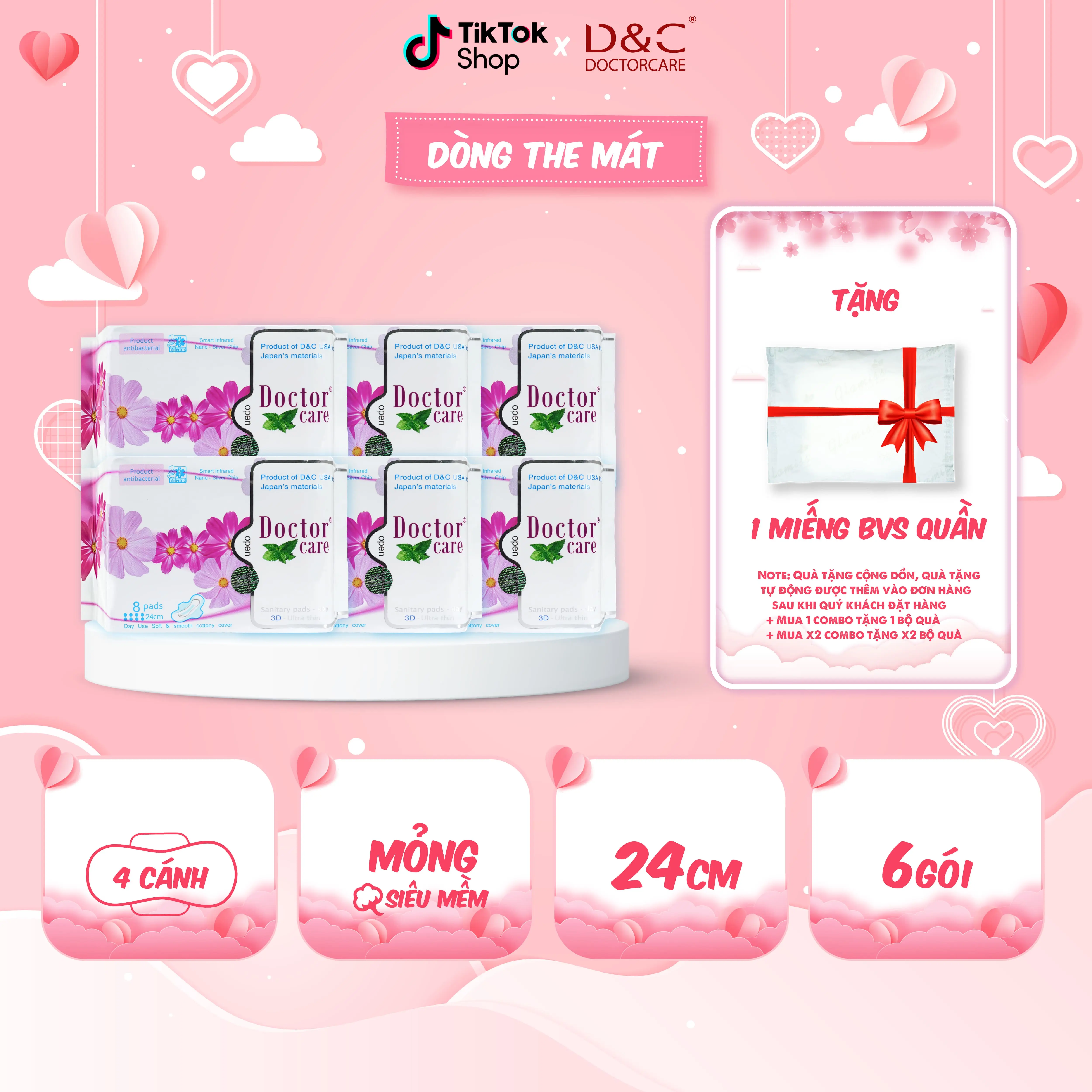 COMBO 6 gói Băng vệ sinh ban ngày thảo dược mát lạnh D&C Doctor Care 24cm - Tặng 1 miếng BVS Quần Glamiss