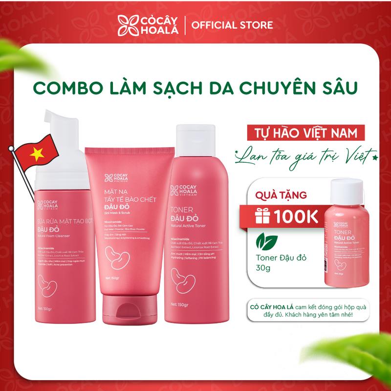 Combo Chăm Sóc Da Đậu Đỏ: Sữa Rửa Mặt Tạo Bọt Đậu Đỏ 150g, Mặt Nạ Tẩy Tế Bào Chết Đậu Đỏ 2in1 150g, Nước Hoa Hồng Đậu Đỏ Cỏ Cây Hoa Lá 150g Skincare