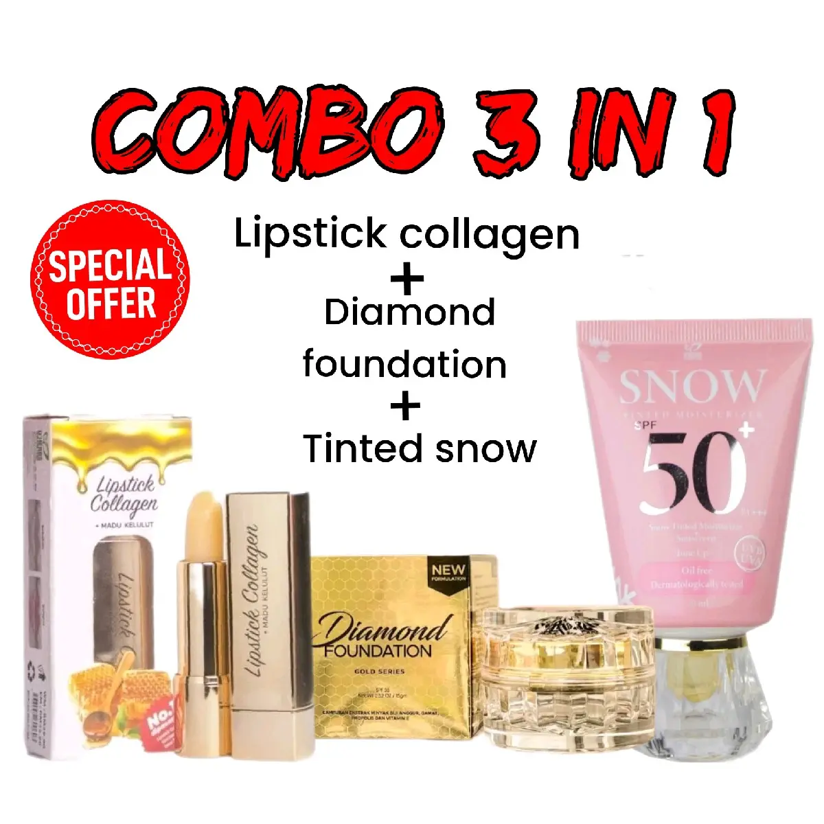 D'Herbs combo 3 in 1 tinted snow+lipstick collagen+diamond foundation mekap