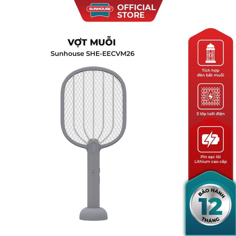 Vợt muỗi Sunhouse SHE-EECVM26 - Thiết kế 2in1, tích hợp đèn bắt muỗi - Chống giật an toàn - Pin Lithium 500mAH