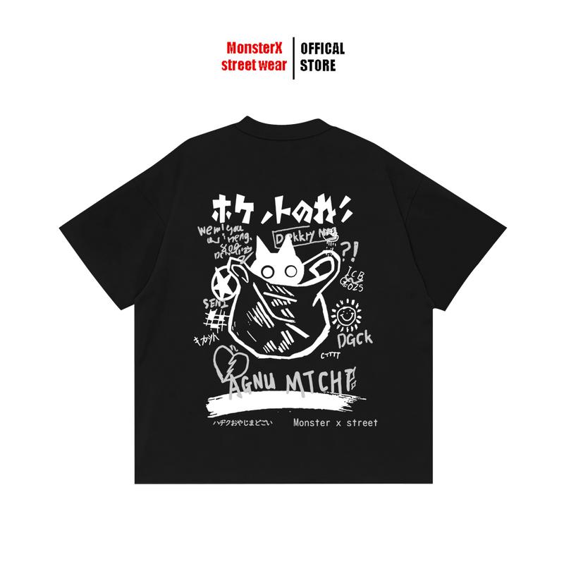 Monster X Street Áo Thun Mèo Túi Form Rộng Unisex Cotton Phông Tay Lỡ Nam Nữ Form Rộng Local Brand Chất Liệu Thun Cotton Co Giãn Vải Mềm Mịn Thoáng Mát