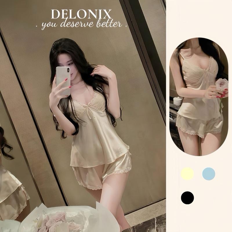  B19 Bộ ngủ lụa cột dây hở lưng tôn dáng 2 dây dễ thương xếp ly thoải mái chuẩn hàng Quảng Châu cao cấp nữ DELONIX đồ ngủ đồ bộ ngủ 