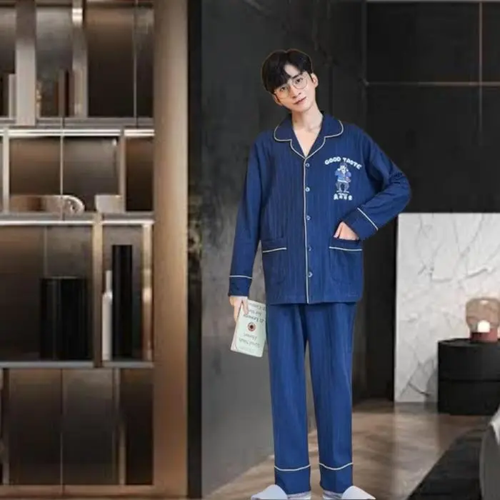 Piyama Cowok Bahan Kaos Katun Tebal Adem Lengan Panjang Celana Panjang Pria Dewasa Ukuran L Hingga Xxxl Kancing Lima Terlaris