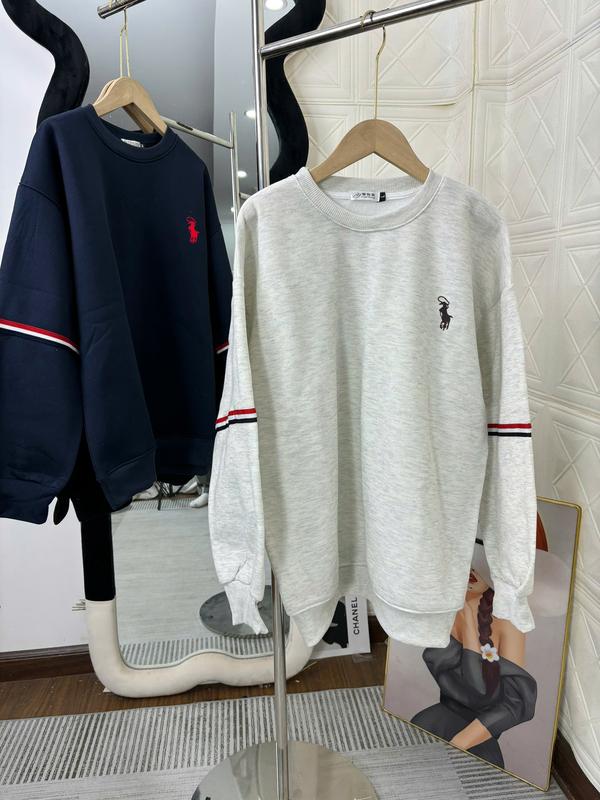  Áo nỉ Sweater Họa tiết phối viền tay thêu hình ngựa Chất vải nỉ lót lông dày dặn không xù lông Form rộng Thời Trang Thu Đông 