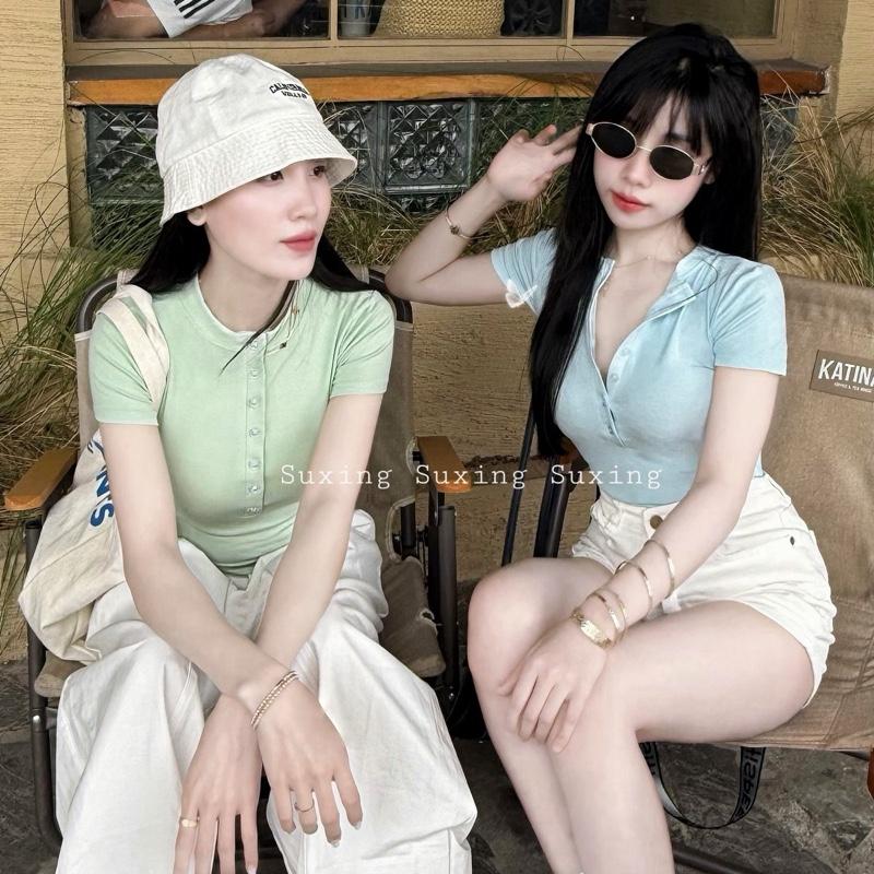 SUXING-Áo Cộc Tay Phối Cúc Ôm Body Nữ , Áo Tay Ngắn Phối Cúc Ôm Eo_Suxing Top - S166