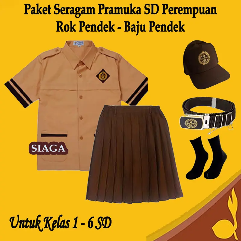 Setelan Seragam Sekolah Pramuka Siaga Perempuan Baju Pendek List dan Rok Pendek Paket Lengkap Kelas 1-6 SD Anak 0