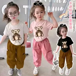 Baju Anak Perempuan Cargo Panda Setelan Anak Kaos Motif Panda Celana Cargo Panjang 1-6 Tahun Terbaru