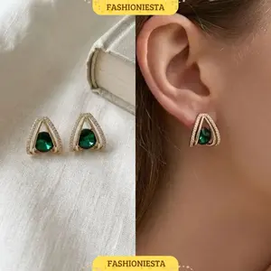 Anting-Anting Segitiga Emerald Hijau Anti Karat S925 Aksesoris Wanita Korea Style