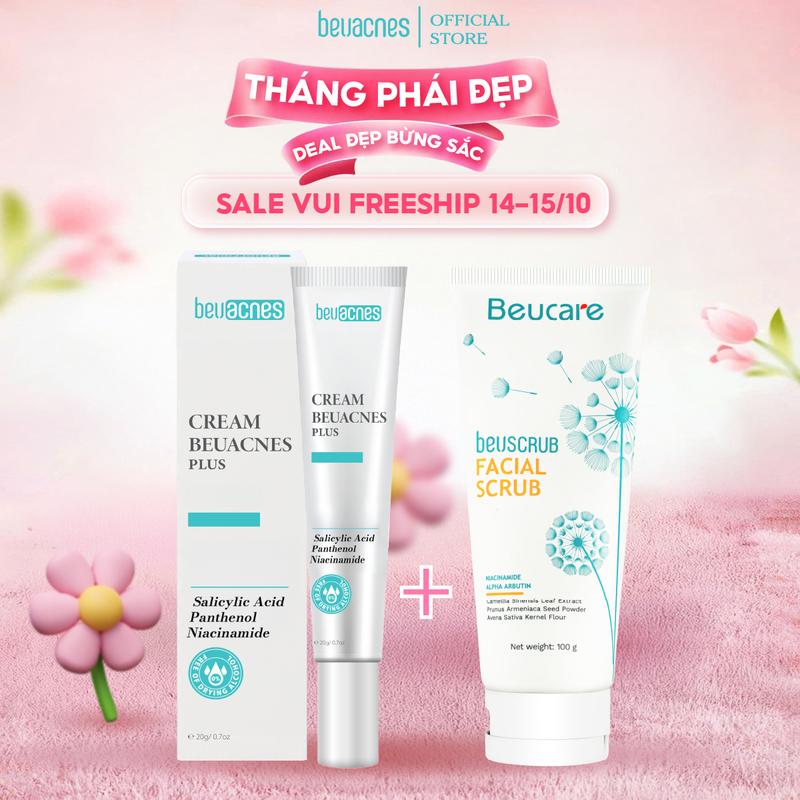 COMBO 1 BEUSCRUB Tẩy Tế Bào Chết Cho Da Mặt 100g + Kem Chấm hỗ trợ giảm mụn Sưng Viêm BEU ACNES PLUS 15g Skincare  Làm Đẹp Da  - TDTM606 skarfix Son Massage Trà