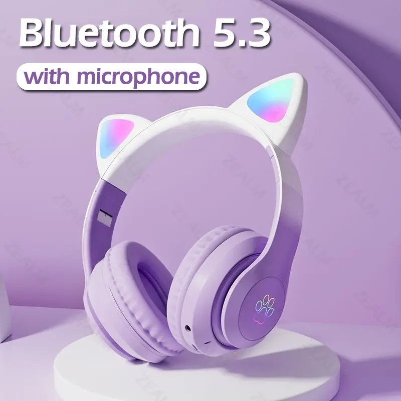 LED Color Light Cute Cat Ear Headphone with Mic STN-28 Pro Foldable Wireless Headphones Bluetooth Earphone HiFi Stereo Headset Bluetooth Headset Gaming No Delay Headphone Bluetooth