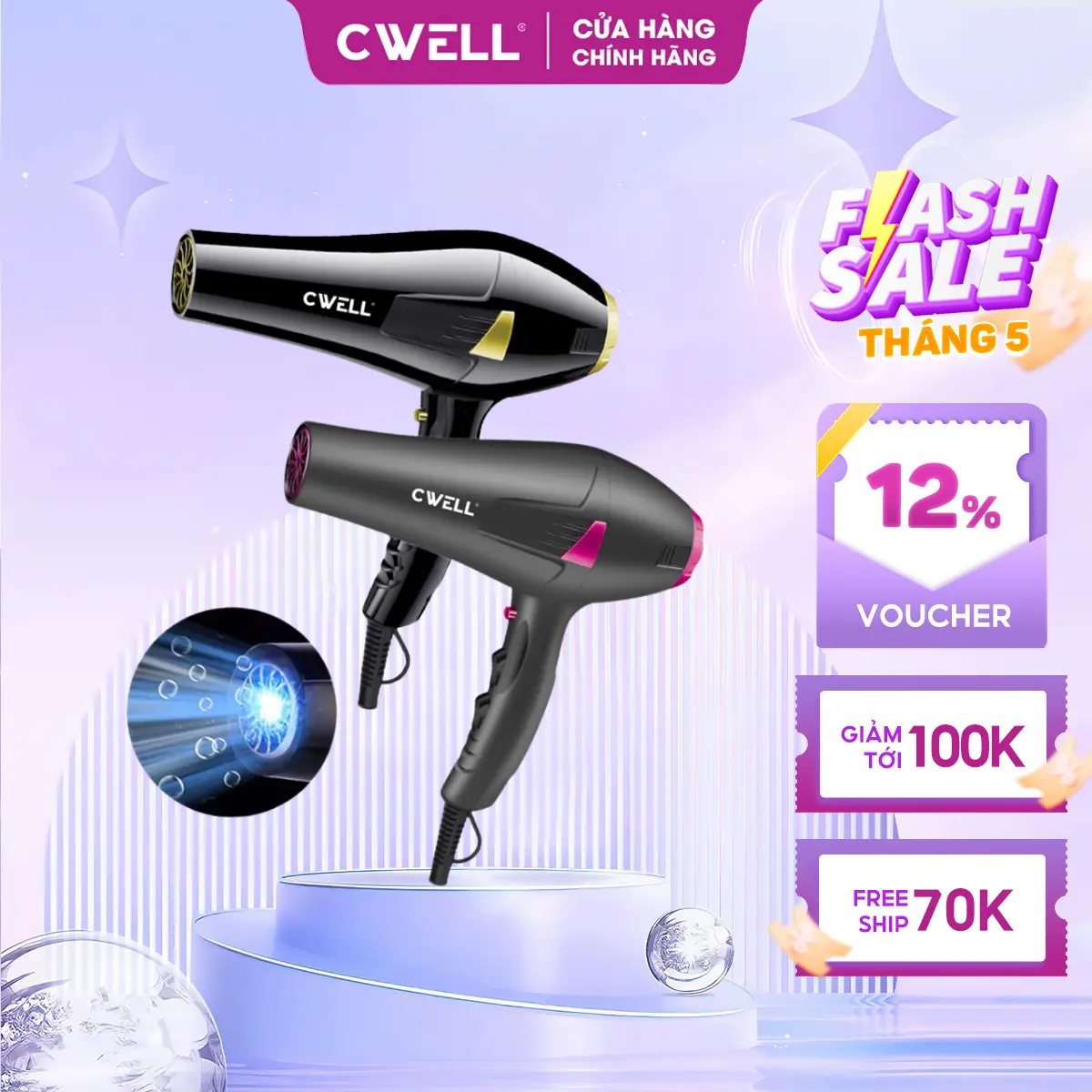 Máy sấy tóc công suất lớn 2500W cao cấp CWELL, 6 chế độ sấy kép, động cơ xoay chiều AC, dây dài 2M2 tích hợp ngắt nhiệt nhanh và ánh sáng xanh, tạo kiểu cho nam nữ - BH 12 THÁNG -C06HD