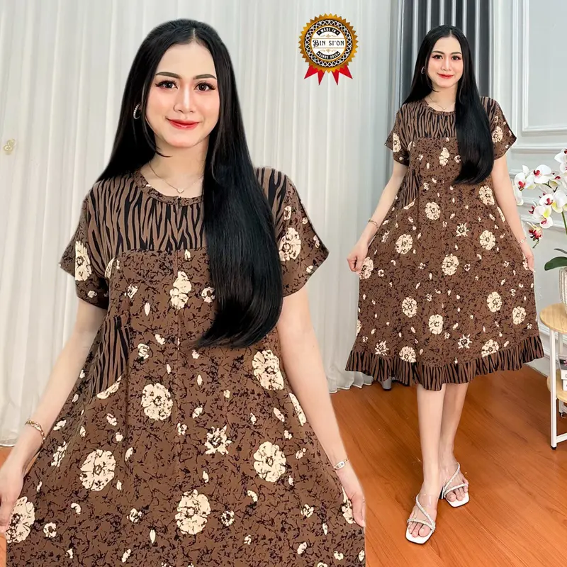 Binsion Daster Lisa Maura Batik Cap Rayon Grade A Premium Busui Resleting Depan | Daster Kekinian | Daster Baju  Tidur | Daster Ibu Dress Wanita Bumil Terbaru Bahan Lembut Premium Menyusui Nyaman Bayi Hamil Lengan 3