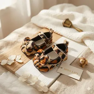 almuna sepatu bayi 0-14  Bulan musim gugur fashion Korea balita perempuan sepatu tanpa sol lembut sepatu bayi dalam ruangan elastis anti selip motif Leopard pita