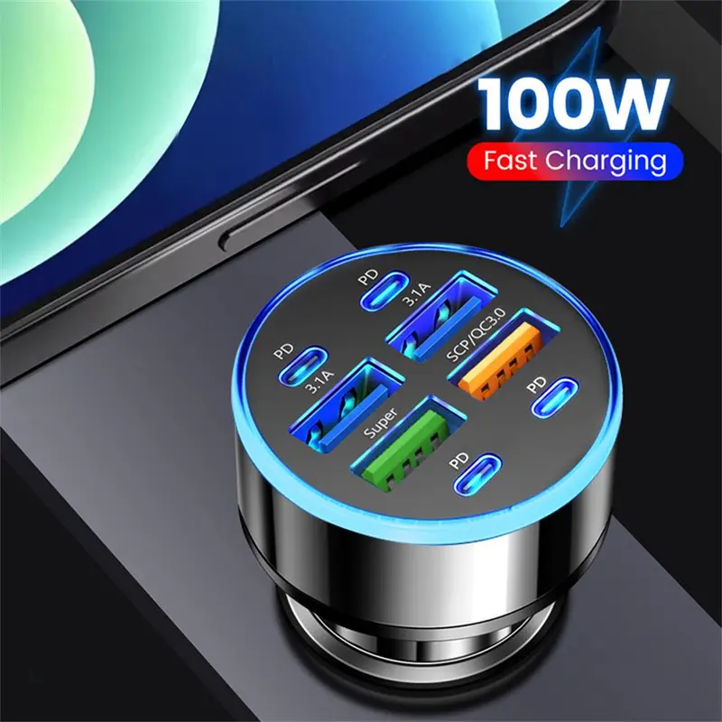 Bộ sạc ô tô sạc nhanh, 100W, 8 cổng, Bộ sạc ô tô, 4 cổng USB và 4 cổng Type C, Bộ Chuyển Đổi bộ sạc ô tô siêu nhanh, Tương thích với iPhone 16 / 15 Pro Max Plus và Samsung Galaxy S24 Phụ Kiện 0