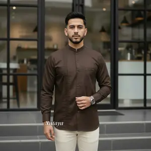 Baju Koko Pria Lengan Panjang Warna Cokelat Mahogani Motif Nafkhan Variasi Bordir Opnesel Bahan Katun Toyobo Premium